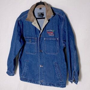 Vintage ID Wear Denim Chore Coat Utility Jean Jacket W Leather Collar S Syncrude